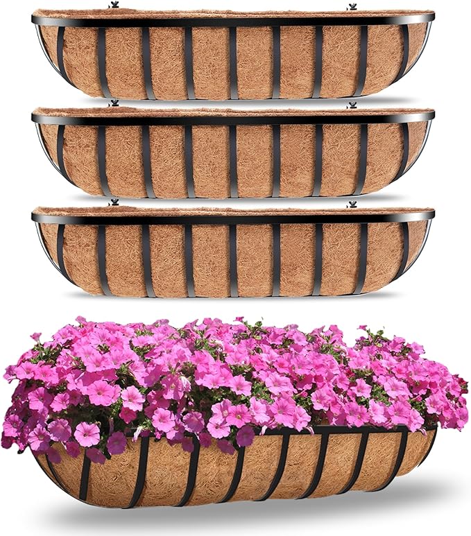 Y&M 4 Pcs Deck 30'' Railing Planters Outdoor Balcony, Large Metal Window Box Deck Railing Planter with Coco Liner for Outdoor Balcony Porch Fence Patio Rail