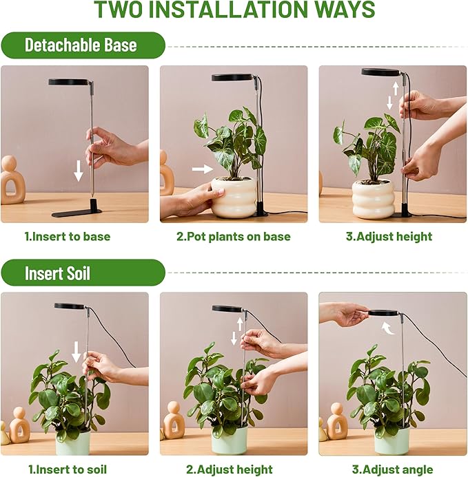 LBW Grow Light for Indoor Plants, Full Spectrum Halo Plant Grow Light with Base, Height Adjustable Plant Lamp with Auto Timer 6/8/12/16H, 3 Color,5 Dimmable Level, for Small Plants, Black, 2 Packs
