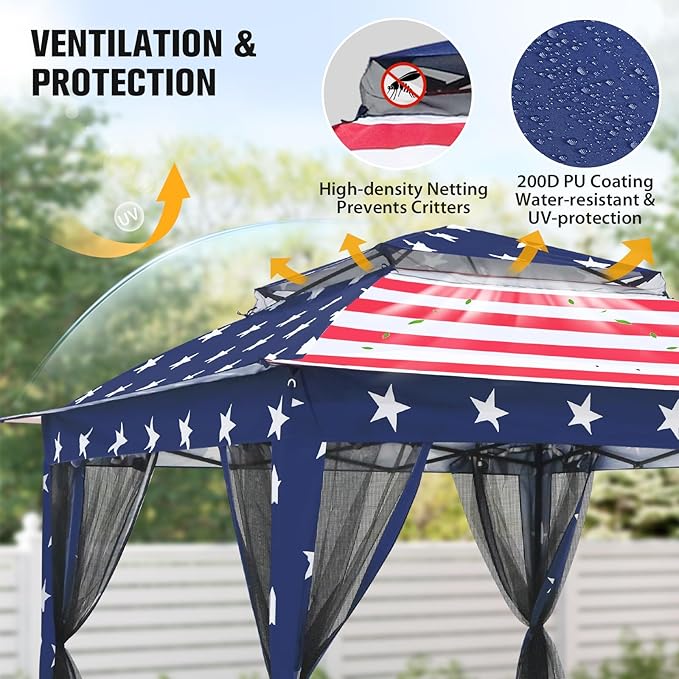 COOS BAY Pop up Gazebo 11x11, Instant Canopy Tent with Mesh Netting, Patio Gazebo with 121 Square Feet of Shade, 4 Weight Bags Included, American Flag