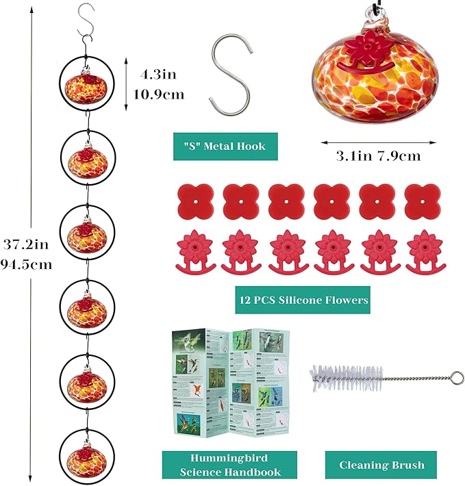 QFkris Set of 6 Blown Glass Hummingbird Feeder for Outdoors Hanging, Small Hummingbird Feeder with Flower Feeding Ports for Outside Garden Backyard Decor, Gardening Gifts for Women Mom(Orange)