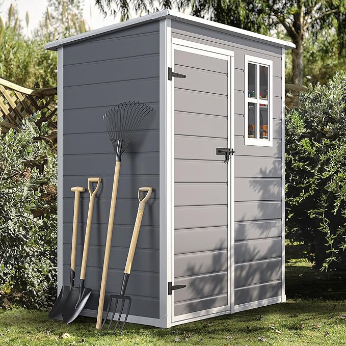 DWVO 5x3 FT Outdoor Storage Shed with Reinforced Floor, All-Weather Resin Storage Shed with Window & Lockable Door, Waterproof Plastic Tool Storage for Garden Patio