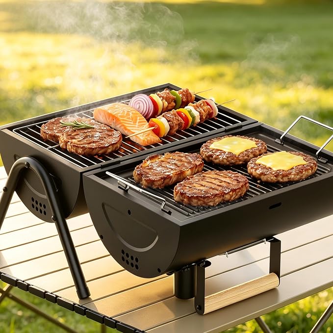 KEYO GRILL Portable Charcoal Grill, 2 IN 1 Double-Sided Small Tabletop Barbecue Grill with Enameled Baking Dish, Heavy Duty small charcoal grill for Outdoor Camping BBQ Grilling Backyard Party Cooking