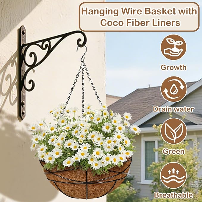 2 Pack 14 inch Metal Hanging Baskets for Plants Outdoor Metal Wire Hanging Basket Planter with Coco Fiber Liners Flower Pots for Home Porch Garden Patio, Diamond-Shaped