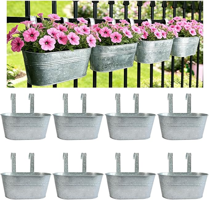 Balcony Galvanized Hanging Planters Railing Flower Pots, Outdoor Metal Fence Planter Pot with Detachable Hooks Drain Hole for Garden Patio Yard Decor (12 Inch, 8Pcs)