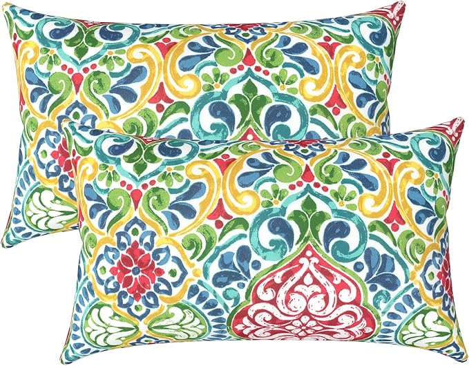 LVTXIII Set of 2 Patio Lumbar Pillows, 12" x 20" Fade Resistant Outdoor Lumbar Pillow with Inners, Fluffy Decorative Garden Lumbar Cushions for Home Patio Coach Sofa Use, Damask Red