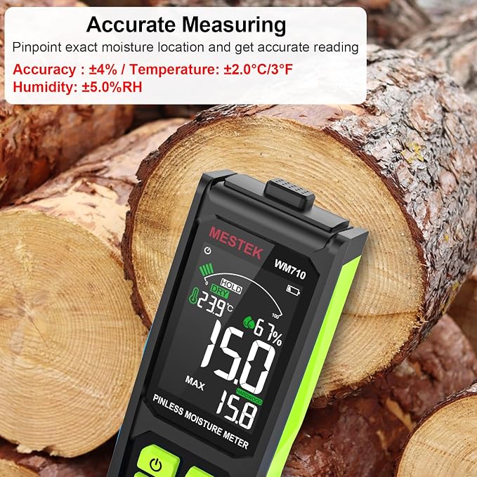 Pinless Moisture Meter, MESTEK Wood Moisture Meter Digital Moisture Detector for Lumber Drywall Firewood Masonry Woodworking Plaster Floor Concrete Building with LCD Display Sound Alarm