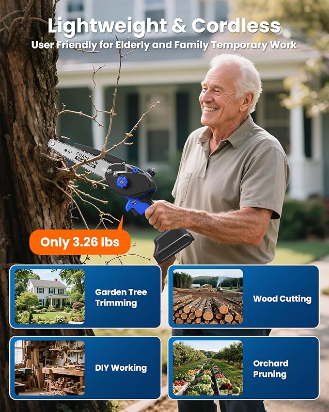 Electric Mini Chainsaw for Pruning Small Trees, Brushless 8 inch & 6 inch Portable Hand Saw with 2 Rechargeable Batteries, 1000W Handheld Chain Saw for Wood Cutting, Gardening Gifts for Mother's Day