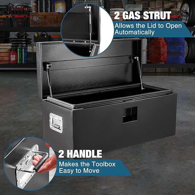 Heavy Duty Steel Truck Toolbox – 76x38x38cm – Gas Shock Lid – t-Handle Lock – Weatherproof Rubber Seal – Secure Underbody Storage Chest – Fits Pickup, Truck Bed, RV, Trailer