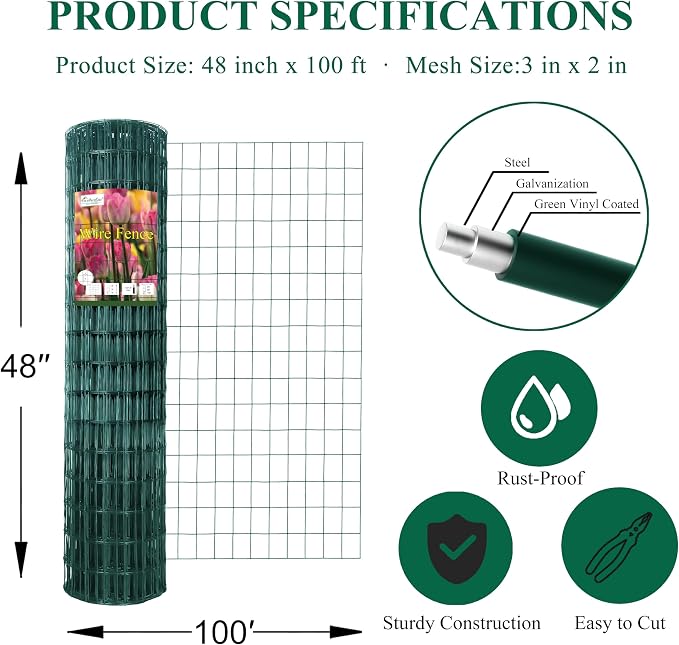FOREHOGAR Green PVC Coated Welded Wire Fence 48 Inch x 100 Foot, 2 Inch x 3 Inch 16GA, Garden Border Fencing Roll Vinyl Coating Metal Wire Mesh for Yard Vegetable Plant Protection Poultry Netting