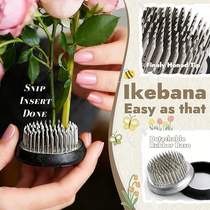 5 inch Japanese Ceramic Ikebana Vase Kit with1.6 inch Metal Floral Frog Round Stems Holder, Flower Frog Arranging Supplies Kenzan Flower Container (Rock Texture - Small White)