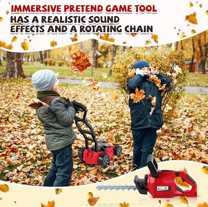 Arrowbash 4 Pcs Toy Gardening Tool Set for Kids Toy Weed Trimmer Chainsaw Hedge Trimmer Push Lawn Mower Battery Role Play Set Christmas Birthday Party Gift for Boys Girls