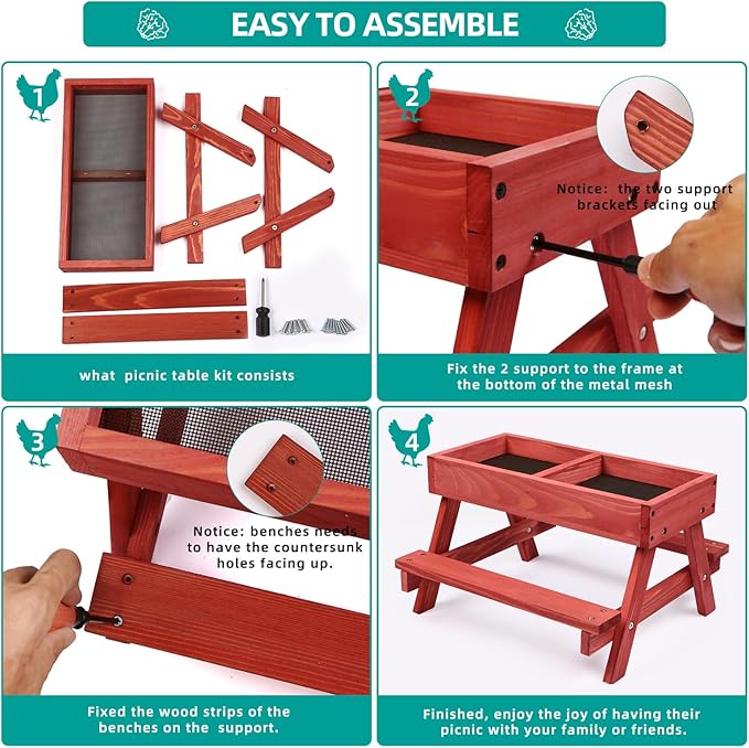 Chicken Picnic Table, Chicken Feeder No Waste Handmade Wooden, Large DIY Chicken Feeder Kit, Wild Bird, Duck & Squirrel Feeders, Mesh Bottom Keep Food Fresh and Dry Easy to Clean and Fill（Red Paint