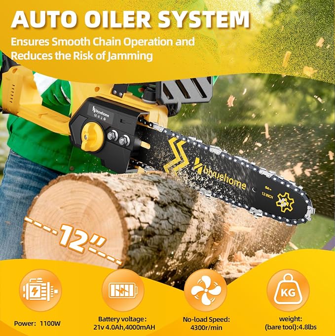 Power Chainsaw 12inch,Chainsaw Cordless w Automatic Oiler, Handheld Electric Power Chain Saw w Security Lock, Brushless Motor,for Wood/Trees Trimming (Yellow-2, 12 INCH)