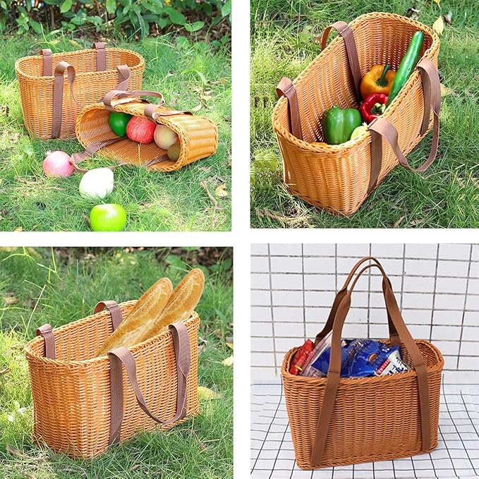 Picnic Basket, Garden Harvest Basket, Wicker Shopping Baskets with Cloth Handles, Reusable Handwoven Market Baskets for Carrying Shopping Storage Gathering (Brown)