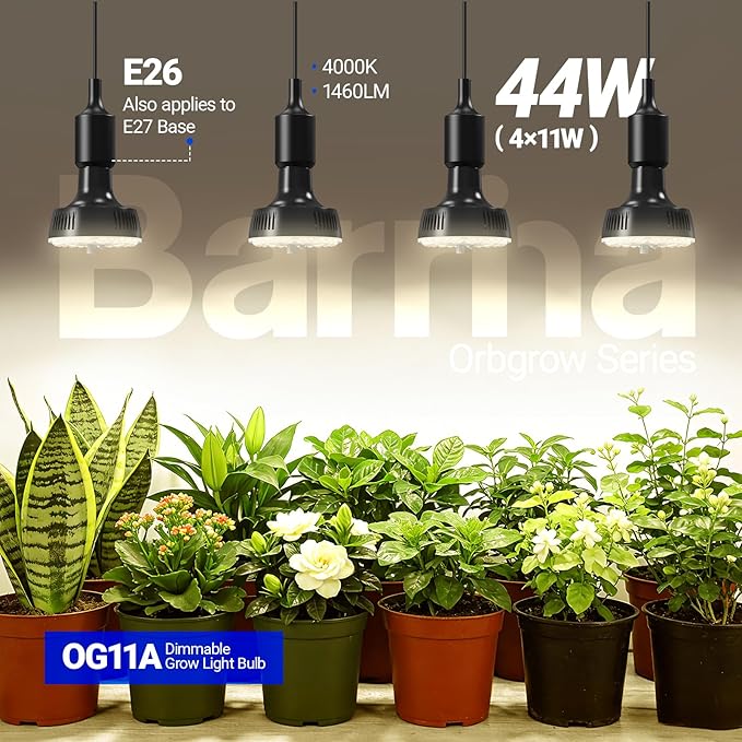 Barrina Orbgrow OG11A Grow Light Bulbs for Indoor Plants, Integrated Dimming & Timing, 4000K 44W(4 x 11W, 400 Watt Equiv), E26 Plant Light Bulb, Full Spectrum for Seeds and Greens, 4 Packs, Black