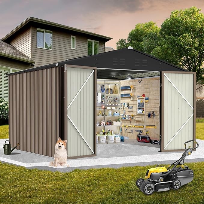 12X10FT Metal Outdoor Storage Shed, Galvanized Steel Garden Tool Shed with with Lockable Door & Vents,Waterproof All-Weather Utility Tool Shed for Lawn Mower, Bike