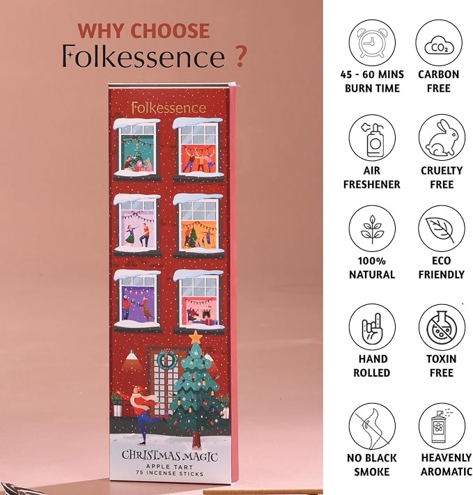 Folkulture Christmas Incense Sticks for Home | Pack of 75 Natural & Non-Toxic Incense for Cleansing | Organic Apple Tart Scent | Xmas Gift for Her | Christmas Magic