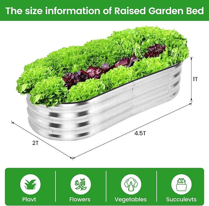GarveeLife 2 Pcs 4.5x2x1 ft Oval Raised Garden Bed, Galvanized Raised Beds,Open-Ended Base Metal Raised Planter Beds,Planter Raised Boxes for Vegetables, Flowers,Tool-Free Asse,Rubber Edge