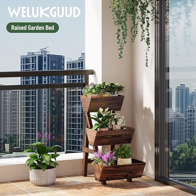 Vertical Wooden Raised Garden Bed, Garden Planters Freestanding Wood Plant Stand Flower Rack Wooden Planter Box for Plants Herbs Flowers Vegetables Outdoor Indoor Gardening (3-Tier Small Carbonized)
