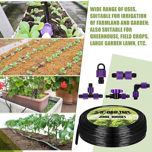 Tondiamo 1000' 5/8 Inch Drip Tape Irrigation Tubing Kit 16 Mil 6" Spacing Garden Hose Watering Tube Line Automatic Equipment for Garden Irrigation System Farms, Landscape, Lawn