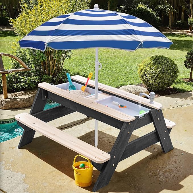 Kids 3-in-1 Sand & Water Table, Wood Outdoor Convertible Picnic Table w/Umbrella, 2 Trays, Removable Top with Faucet, Picnic Table for Outdoor Playset (Black/Navy)