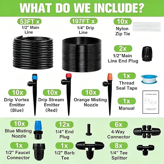 250FT Drip Irrigation System for Garden with 20 Nozzles & Emitters, Garden Watering System with 1/2" & 1/4" Tube and Barbed Fittings - Adjustable Sprinklers Kit for Greenhouse, Lawn, Raised Bed
