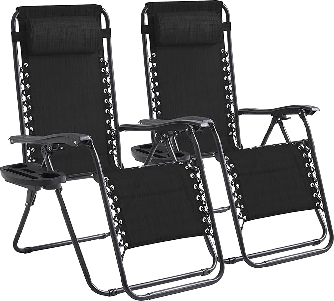 Zero Gravity Chair Set of 2 Oversized Folding Recliner, Padded Anti Gravity Lounge Chair with Adjustable Pillow & Cup Holder for Outdoor Camping, Patio, Poolside, Lawn (Black)