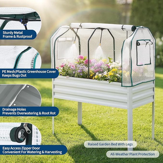 48×24×56in Galvanized Elevated Raised Garden Bed with Legs, Greenhouse Cover & Bird Net, Deep Metal Raised Planter Box for Backyard Patio Balcony Vegetables Herbs Flowers