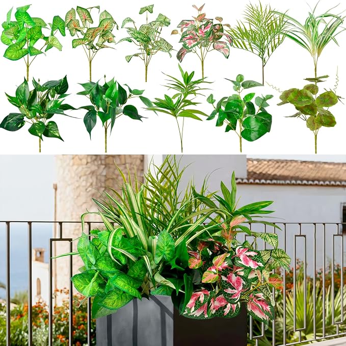 Artificial Plants Outdoor Greenery Stems, 11PCS Faux Greenery Bushes UV Resistant Plastic Shrubs with Real Touch Flexible Leaves, Fake Plants for Planter Garden Patio Porch Window Box Fence Yard Decor