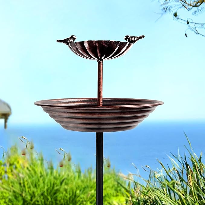 JOYBEE 38In Metal Double Bird Bathtub Stake for Outside, Vintage Freestanding Birdbaths, Bird Baths Feeder Bowl for Outdoors Garden Patio Yard Lawn Decor, Upgraded 5-Pronged Base (Brown