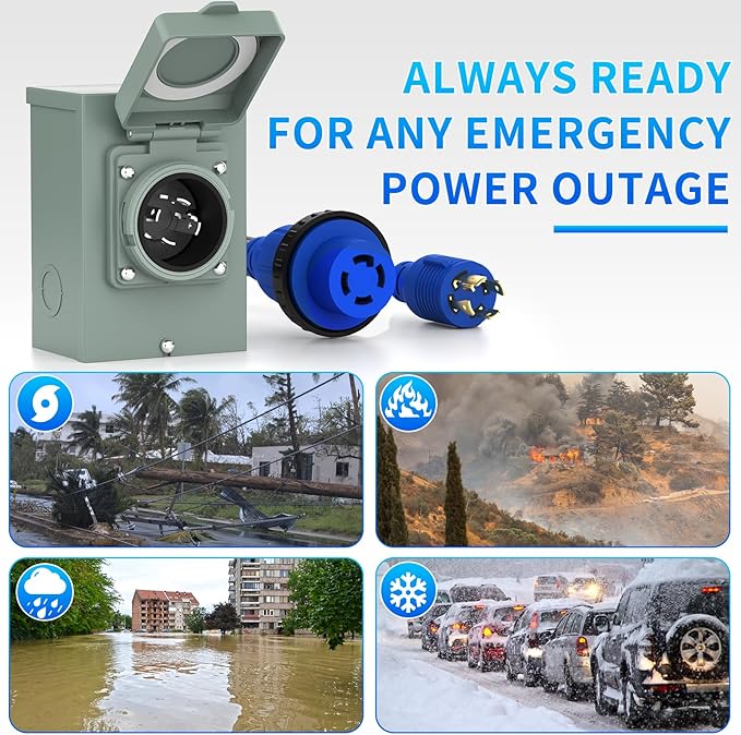 BEBOBLY 30 Amp Power Inlet Box and 25FT Generator Cord, 125V/250V Emergency Power Combo Kit, NEMA 4 Prong Generator Plug, NEMA L14-30P/L14-30R RV Power Extension Cord, Twist Lock