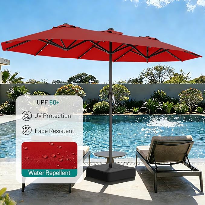 AreShark 15FT Patio Umbrella with Solar Lights, Double Sided Outdoor Table Umbrellas with Crank, Large Rectangular Market Umbrella for Porch, Lawn, Pool, Backyard, Red