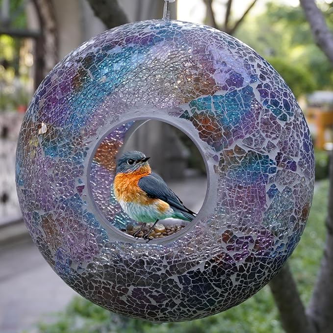 Solar Fly Through Bird Feeder with Mosaic Glass – Handmade Outdoor Hanging Feeder, 1lb Capacity, Solar Lights, Weatherproof & Bird Lover Gift (9.25” Doughnut, Tesserae)