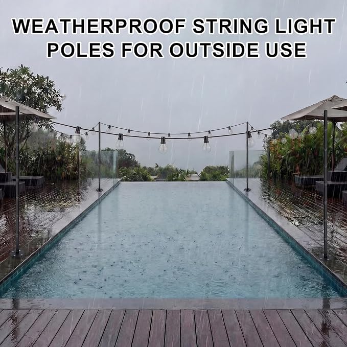 4 Pack 10 Ft String Light Poles for Outdoor String Lights, Heavy Duty Metal Outdoor Light Poles for Deck, Backyard, Garden, Patio, Wedding, Party