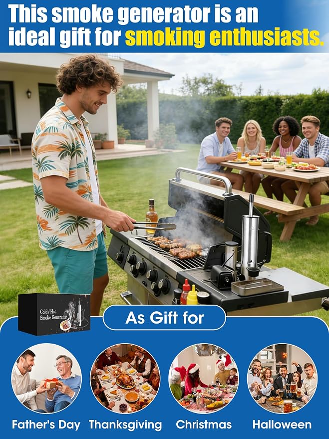 Upgrade Cold Smoker Generator, Smoke Tube for Pellet Smoker for Gas Grilling, Cordless Electric Cold/Hot Smoker Generator: Fit Over 90% of Gas and Pellet Grill, Suitable for all Seasons, Gifts for Men