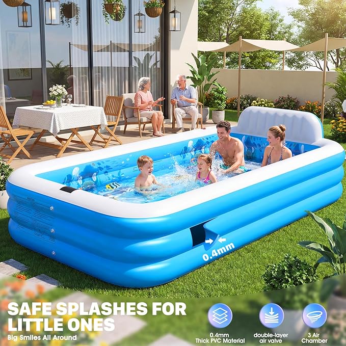 Extra Large Inflatable Pool With Lights,Upgraded Solar Powered Blow Up Pool For Adults,Inflatable Kids Swimming Pool with Seat& Backrest,Big Inflatable Kids Pool For Backyard,120x73x20IN-White