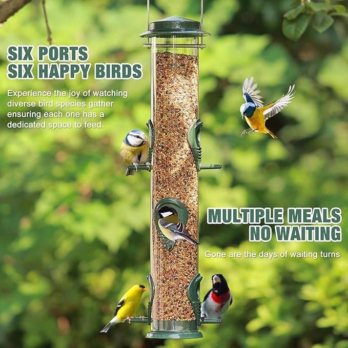 ERYTLLY Metal Bird Feeders 6 Port Tube Bird Feeder for Wild Birds, 1.4mm Extra Thick Solid Tube Transparent with Steel Hanger Bird Feeders 16.5 Inch for Outside