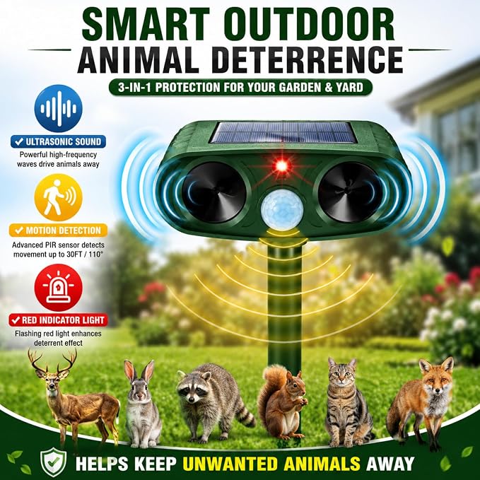 2 Pcs Upgraded Solar Animal Repellent Ultrasonic Outdoor for Cats Squirrels Racoons Rabbits Foxs Dogs Skunks Deer Repellent Devices Waterproof Motion Sensor Animal Repeller Deterrent for Yard Garden