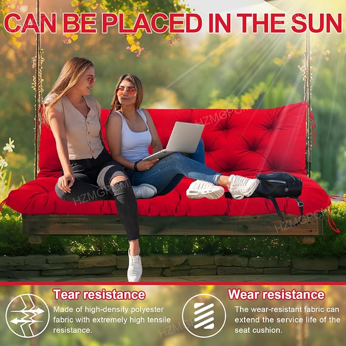 Extra Thick 5" Waterproof Porch Swing Cushions Outdoor 60 inch Swing Cushions 3 Seater Replacement with Backrest and Ties for Outdoor Furniture Patio Bench Garden (Bright red)