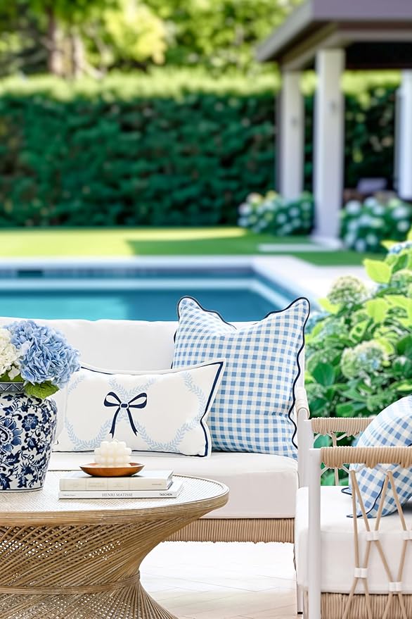 Hofdeco Premium Coastal Hampton Patio Indoor Outdoor Lumbar Pillow Cover Only, 12"x20" Water Repellent for Backyard, Couch, Poolside, Baby Blue Navy Embroidered Ribbon Bow Tie on Leaves
