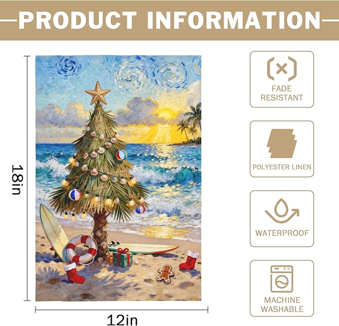 Coastal Christmas Garden Flag 12x18 Inch Xmas Tree Beach Holiday Themed Decorative Yard Flags for Outside Double Sided Winter Seasonal Outdoor Home Farmhouse Decoration Porch New Year Decor