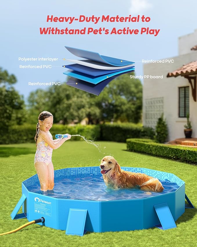 Peteast Foldable Dog Kiddie Pool with Stable Side Support, Hard Plastic Shell Portable Dog Pool, Collapsible Swimming Pools for Pet and Kids, 32 in