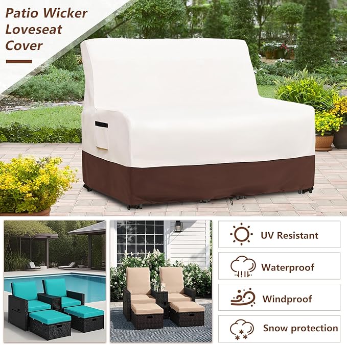 Patio Wicker Loveseat Cover,600D Heavy Duty Waterproof Patio Sofa Cover,Double Reclining Patio Lounge Chair Cover for Lawn/Garden Patio Furniture,Beige&Brown