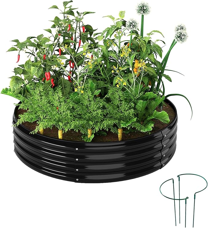 ZFHgarden Galvanized Metal Planter Round Raised Garden Bed Kit for Gardening Outdoor，2x2x1ft Grow Garden Box Raised Flower Bed，Round Galvanized Planter Outdoor Metal Fire Pit Ring Black