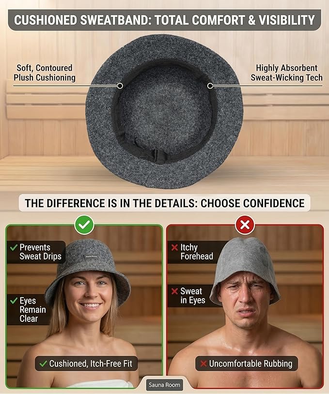 Adjustable Natural Wool Sauna Hat for Men and Women - Sauna Cap with Sweatband - Insulating Breathable Wool Banya Hat for Spa, Home Steam Room, Bathhouse - Comfortable Unisex Steam Room Hats