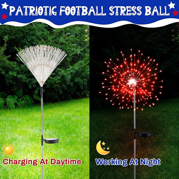Tujoe 3 Pcs 4th of July Solar Firework Lights Patriotic Solar Light Outdoor Garden 120 LED 8 Modes Waterproof LED Sparkler Light for 250th Anniversary Patio Yard Pathway Walkway (Red,White,Blue)