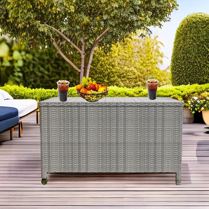 120 Gallon Wicker Deck Box, Waterproof Outdoor Storage Box with Wheels, Large Storage Bench Organizer for Patio Backyard Cushions, Garden Tools and Pool Supplies, Gray