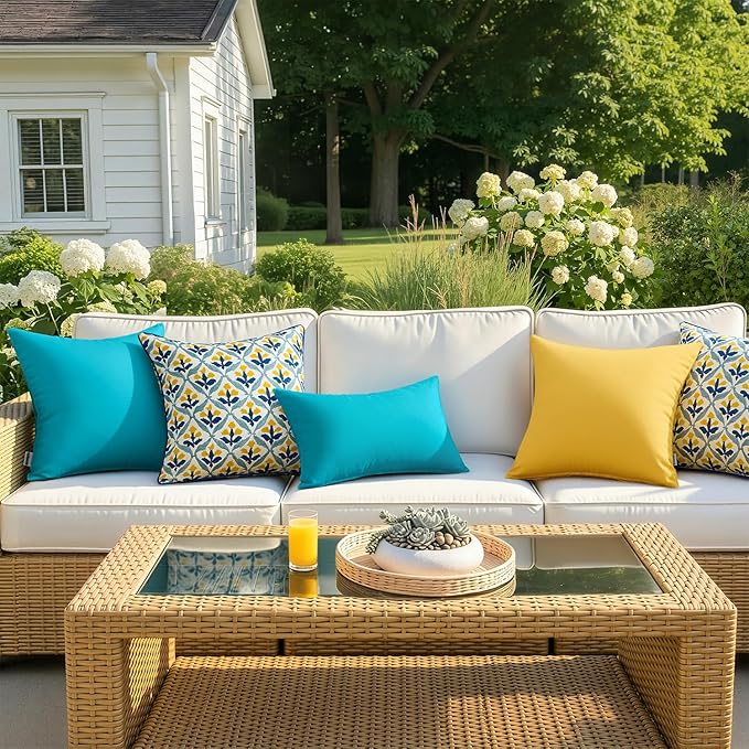 MIULEE Pack of 2 Decorative Outdoor Waterproof Pillow Covers Rectangular Garden Cushion Sham Throw Pillowcase Summer Shell for Patio Tent Couch 12x20 Inch Turquoise