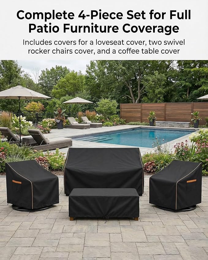 Outdoor Furniture Cover Waterproof, 4-Piece Patio Furniture Cover Set, 600D Heavy Duty Protection Patio 3-Seater Sofa Swivel Rocker Chairs and Coffee Table Garden Protective Furniture Set, Black