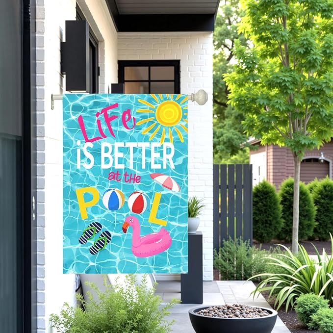 Life Is Better at the Pool Large House Flag Summer Pool Party Outdoor Double Sided Poolside Garden Flags Swimming Pool Flamingo Beach Ball Sunshine Yard Banner Porch Patio Decor 28 x 40 Inch